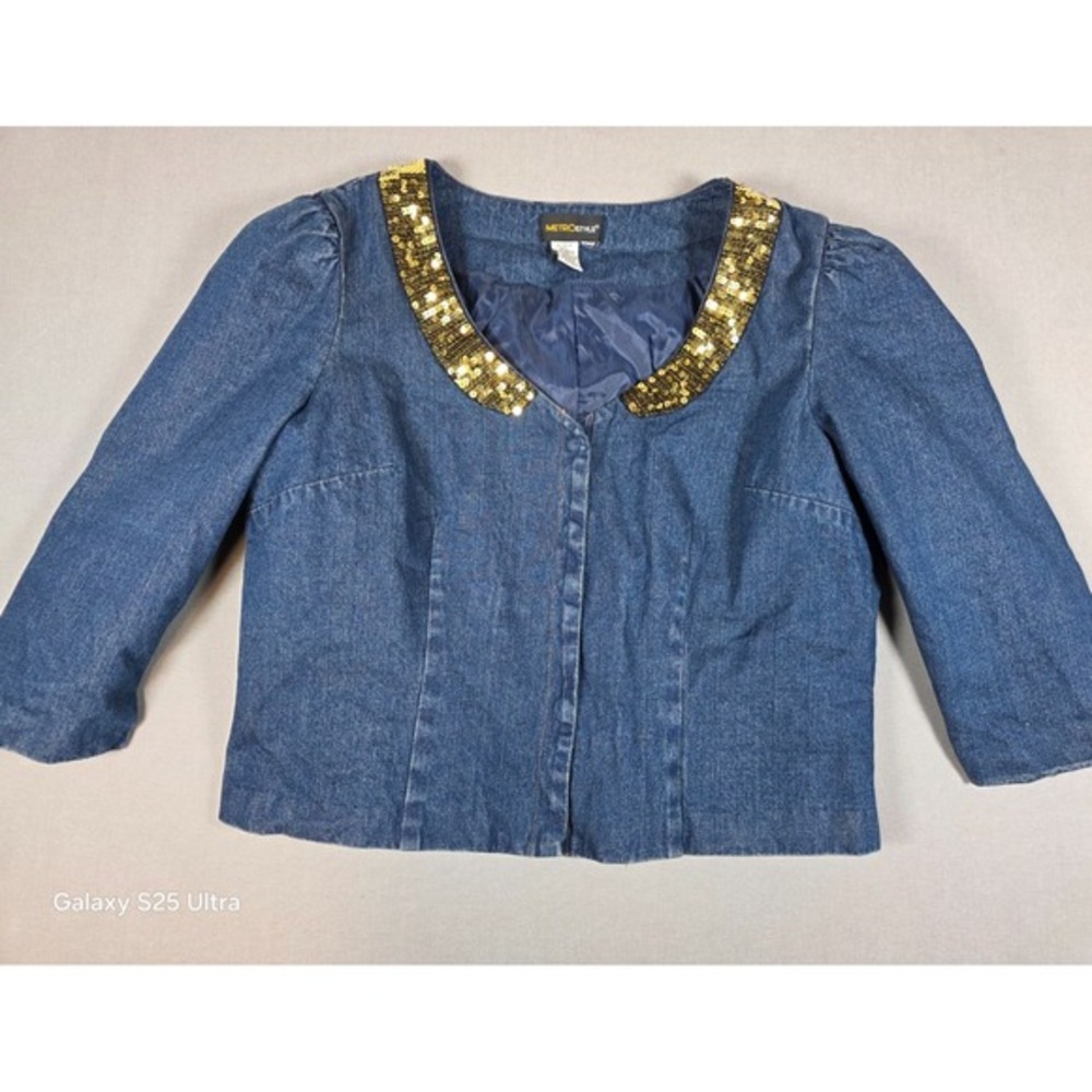 Metrostyle Cropped Denim Top‎ Gold Sequin Collar Y2K Glam Womens Large READ